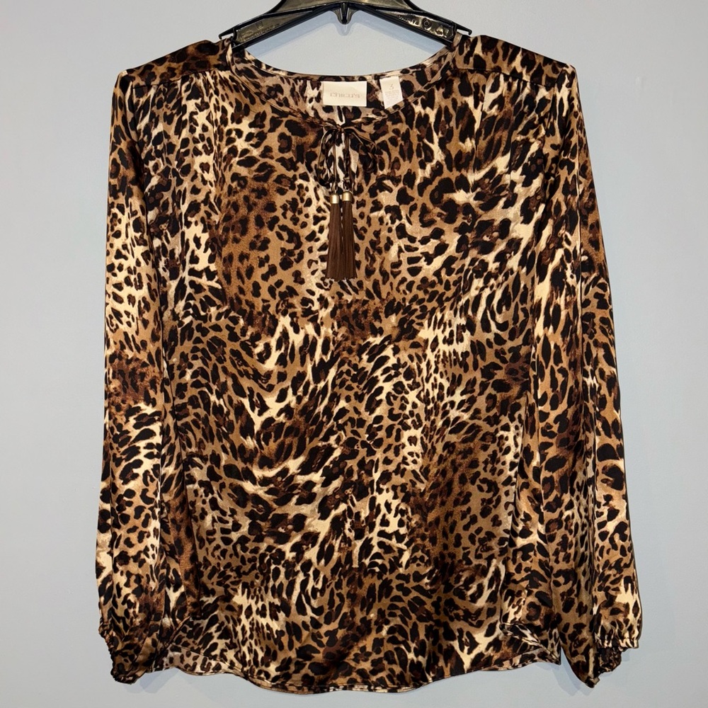 Chico's Leopard Print Blouse Fringe Tassle Tie Size 3 (XL) Long Sleeve Flowy Top